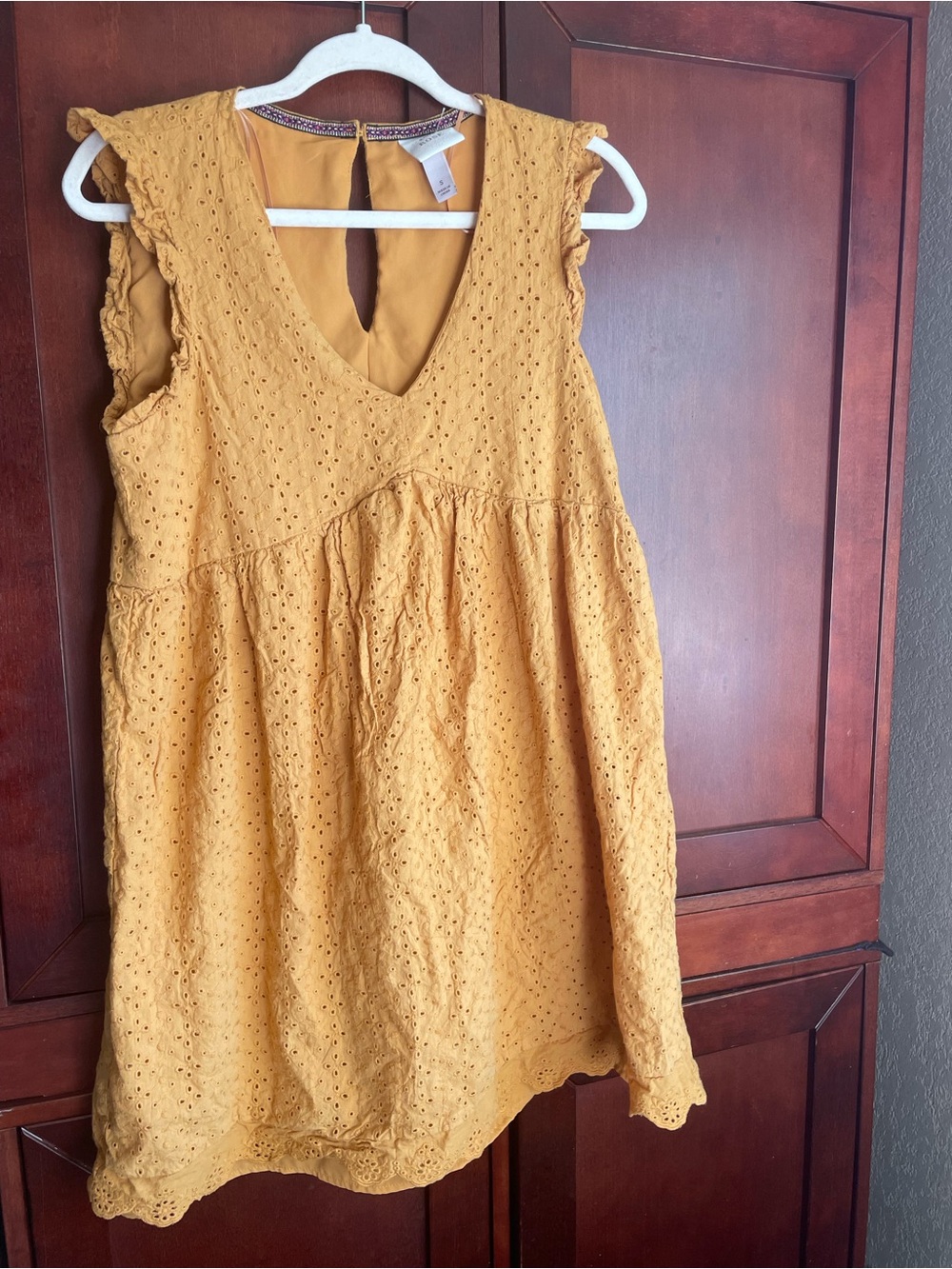 Cottagecore mustard yellow eyelet cotton lined babydoll dress fallcore size S